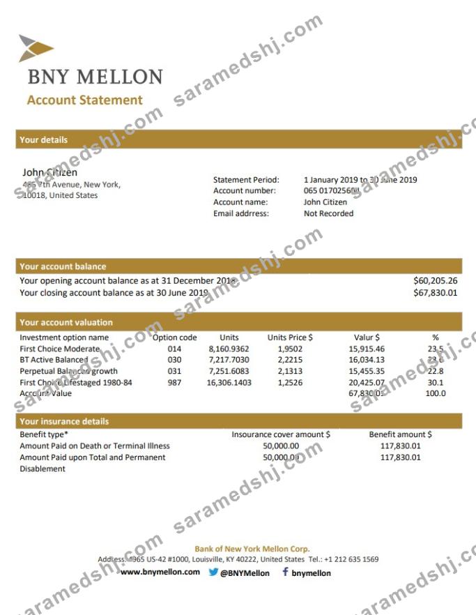USA Bank of New York Mellon proof of address bank statement template in Word and PDF format (.doc and .pdf)